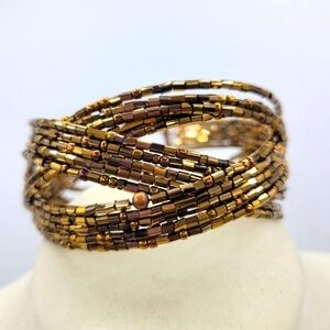 Afrocentric Beaded Cuff Bracelet / Gold and Bronze